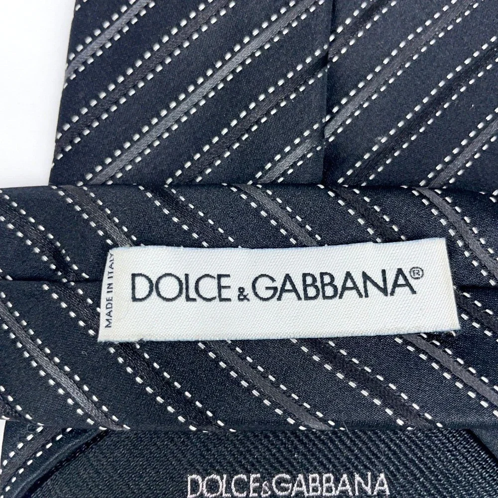 DOLCE & GABBANA Black & Gray Diagonal Striped 100% Silk Necktie Made in Italy